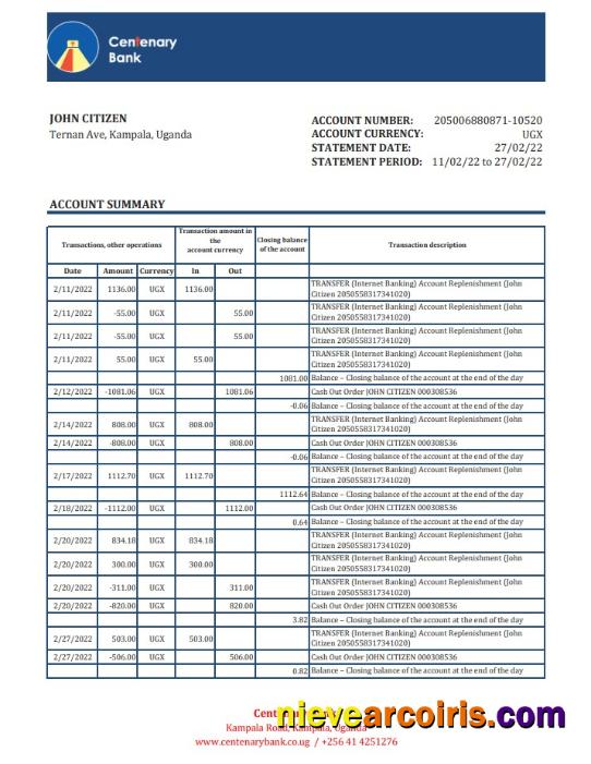 Uganda Centenary bank statement